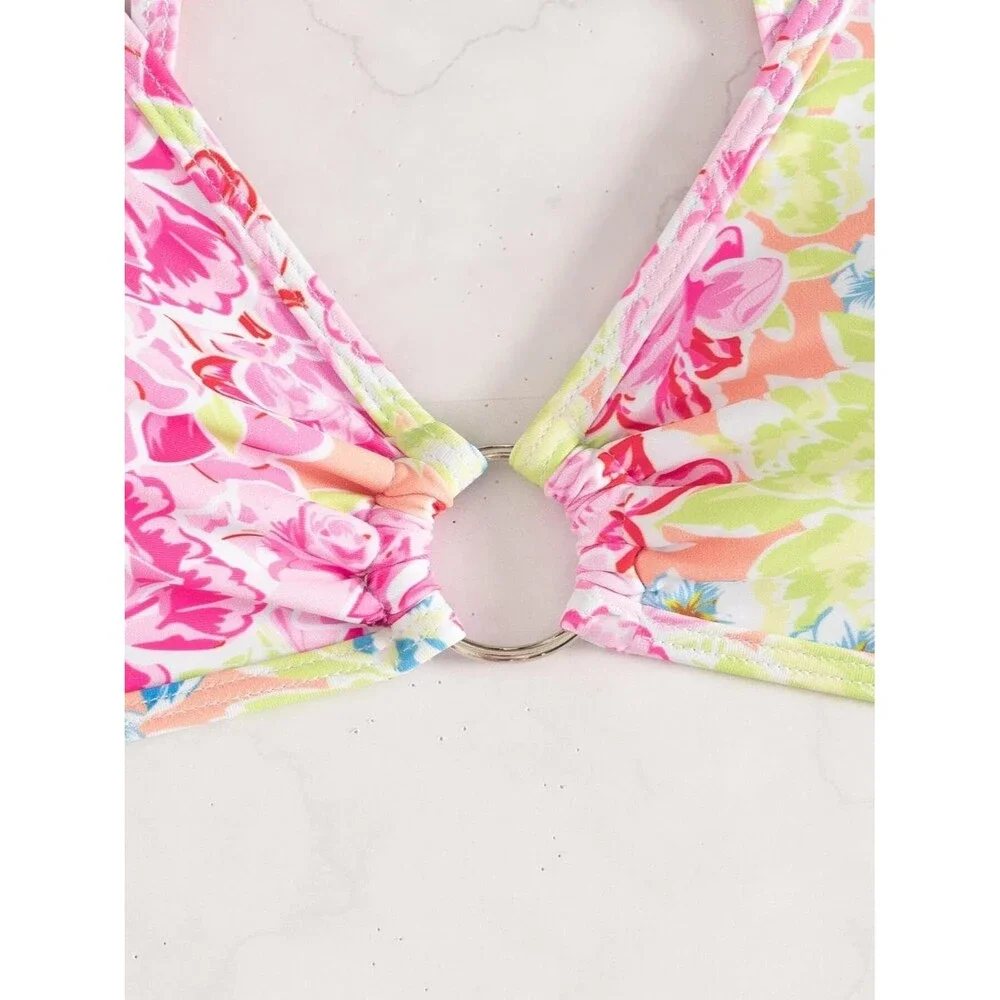 Women's Two Piece Swimsuits LARGE Triangle Bikini Sets O Ring Floral Pink Green